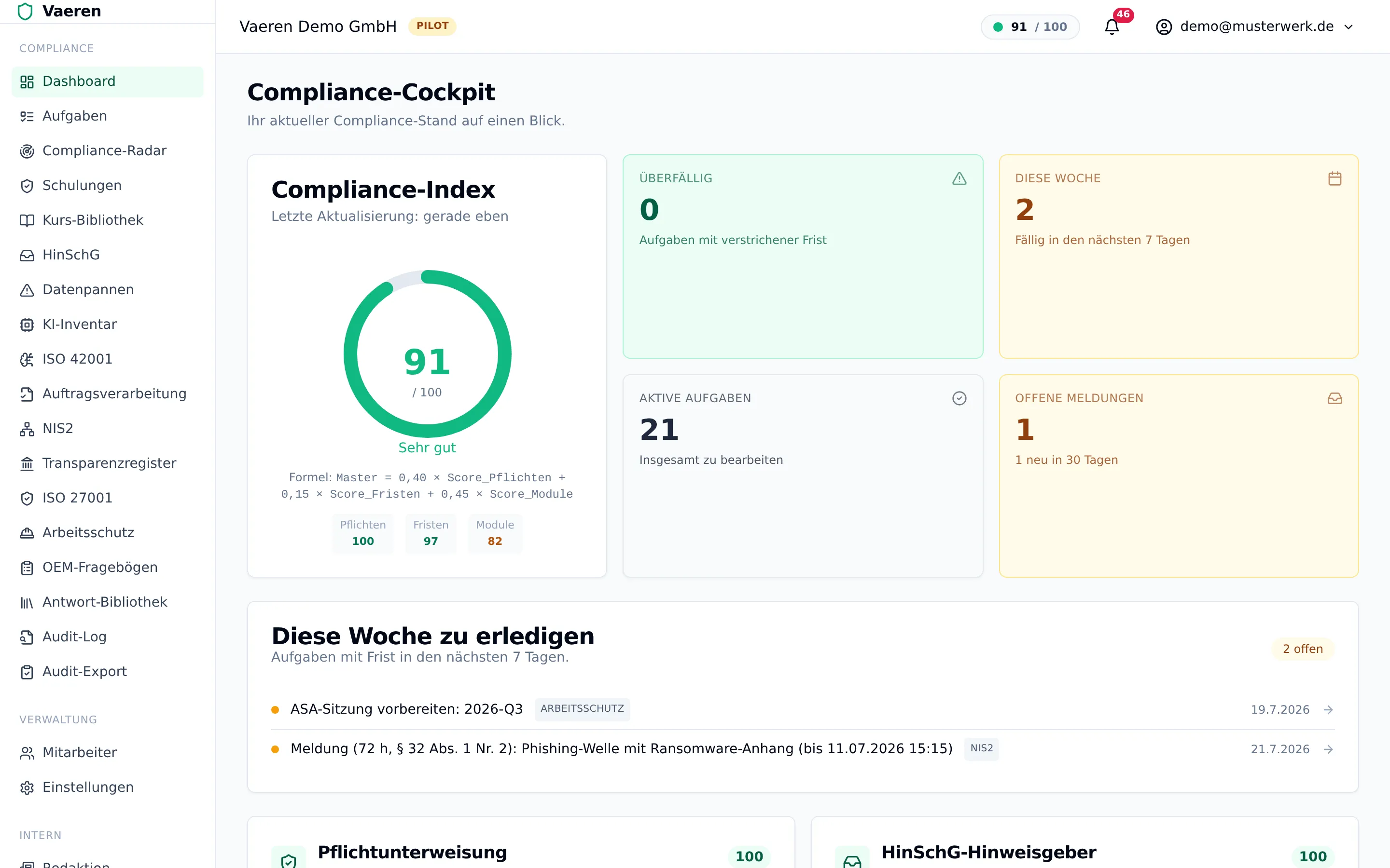 Vaeren Compliance-Cockpit: Index, Aufgaben und Fristen auf einen Blick